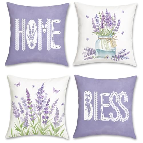 Bonhause 4er Set Kissenbezüge Lavendel 45 x 45 cm Lila Blumen Dekorative Kissenhülle Zierkissenbezüge für Sofa Schlafzimmer Wohnzimmer Zuhause...