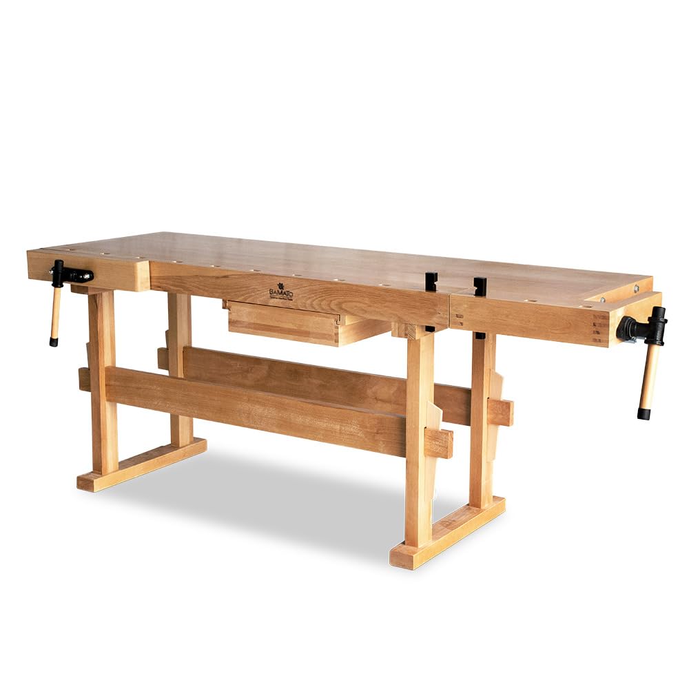 BAMATO Hobelbank WORK-2100 Buchenholz Werkbank Massivholz Werkstatt Tisch | Robuste Massivholz-Werkbank aus Buche mit 82,5cm Arbeitshöhe | 2 stabile Spannzangen & geräumige Schublade für Werkzeuge