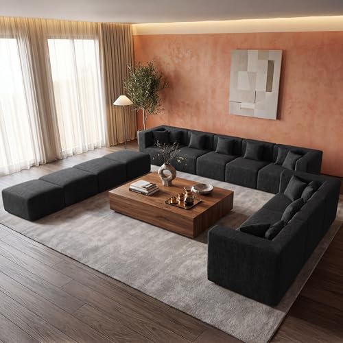 Image of MONVANE Modular Sectional Sofa, Oversized 12 Seat Convertible U Shaped Couch with Ottoman, Comfy Chenille Cloud Couch with Deep Seat, Sectional Couches for Living Room, No Assembly Required, Black