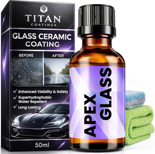 TITAN COATINGS Apex Glass 50ml Hydrophobic Ceramic Coating - Professional Rain Repellent for Windshields & Windows - Long Lasting Nano Silica Protection Kit with Applicator & Microfiber USA