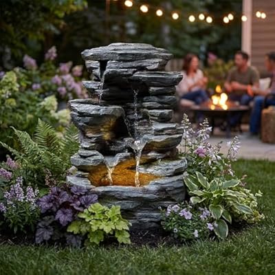 Dalxo 20-Inch Outdoor Water Fountain, 5-Tier Cascading Rock Resin Water Fountain with Warm LED Light, Stone Imitation, Outdoor Water Feature for Garden, Patio, Yard, Deck, Porch, Lawn in Gray