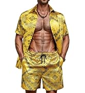 ZSJR Mens Hawaiian Shirt Sets Satin Silk Casual Button Down Shirts 2 Piece Luxury Summer Beach Ou...
