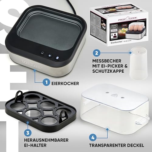 ProfiCook sprechender Eierkocher, kocht alle drei Stufen - weich/mittel/hart, 6 Eier, geeignet Ergebnis, Edelstahl Eierkocher mit Härtegradeinstellung, Egg Cooker, PC-EK 1276