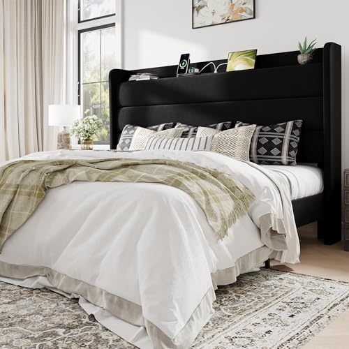 Image of Allewie King Size Upholstered Bed Frame with Charging Station, Black