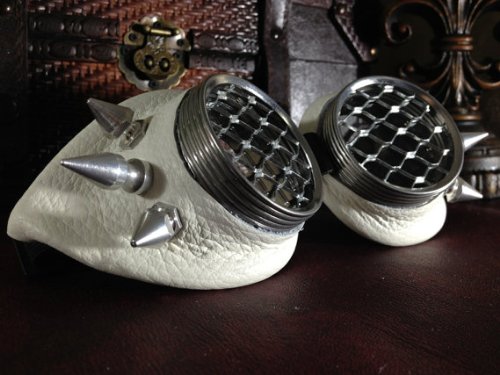 Steampunk Goggles - Antique White Leather - Stinger metal Spikes - Honeycomb