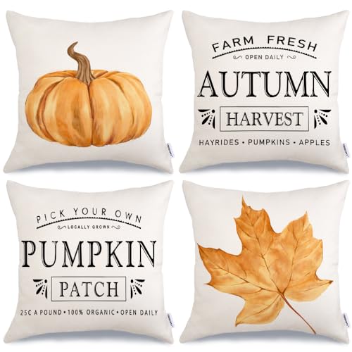 GEEORY Fall Pillow Covers 18x18 inch Set of 4 Pumpkin Maple Leaf Harvest Outdoor Fall Pillows Decorative Throw Pillows Farmhouse Thanksgiving Autumn Cushion Case for Couch