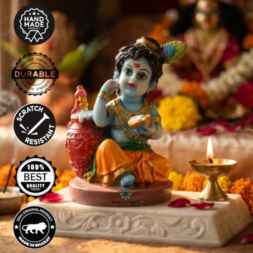 Image of Bal Gopal Baby Krishna Idol with Makhan Matki & Flute | Makhanchor Murti for Home Temple | Kanha Ji Thakur Ji Statue, Handcrafted Marble Dust Krishna Showpiece for Pooja Room, Janmashtami Gift (10 cm)