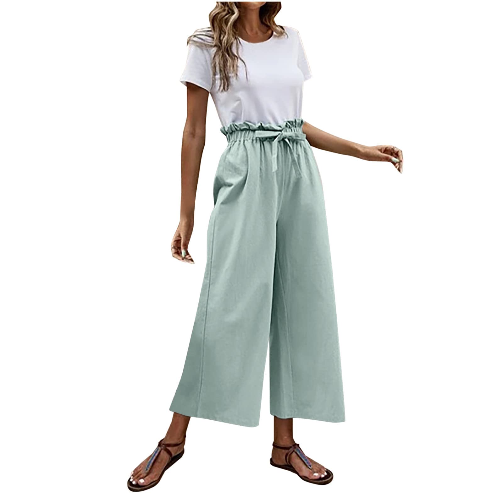 XUNRYAN Womens Summer Pants Wide Leg Linen Cotton Culottes Paper Bag Elastic Waist Sailor Pants Fashion Clothes Light Blue