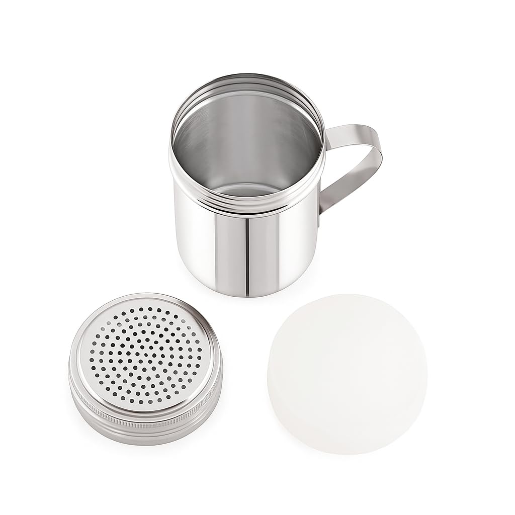 GS Kitchenware Stainless Steel Powder Shaker with Handle and Plastic Lid Cap, 300 ML, Kitchen Dredger for Spices, Sugar, Salt, Flour.