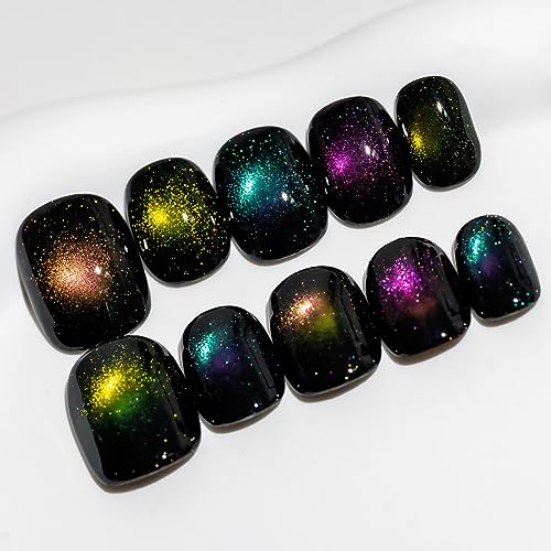 Sun&Beam Nails Handmade Press-On Short Round with Black Colorful Magnetic Design Charm Cat Eye Cute False Nail Tips 10 Pcs (#91 M)