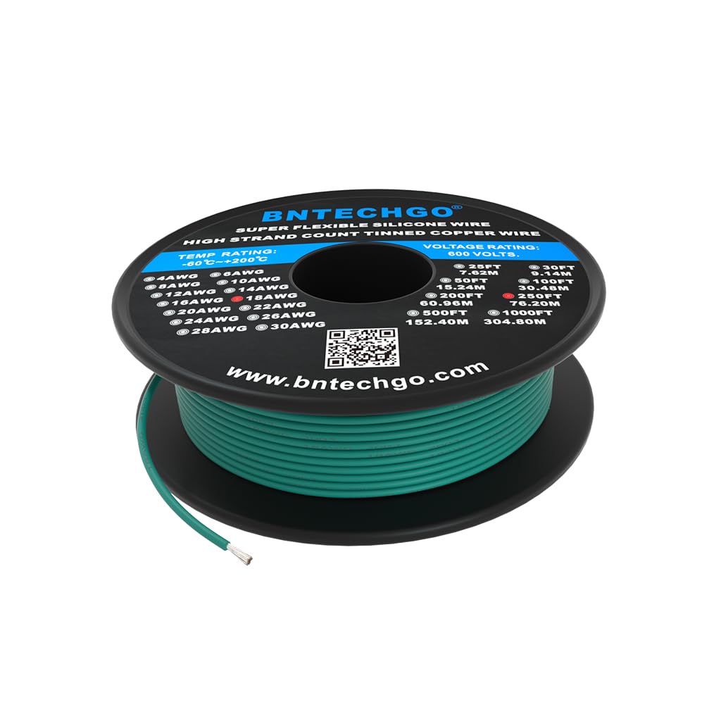 BNTECHGO 18 Gauge Silicone Electric Wire Spool 250 ft Green Flexible 18 AWG Stranded Tinned Copper Wire — image 1