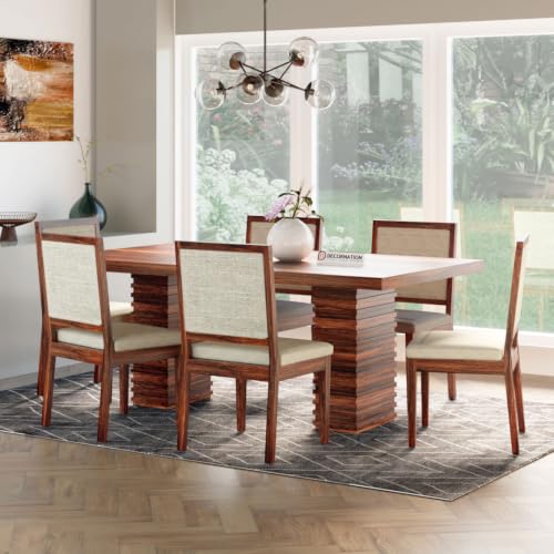 Image of DecorNation Olivia Solid Wooden 6 Seater Dining Table Set with Extra Wide Chairs | Cushioned Seating | Large Rectangular Dining Table | Premium Modern Dining Furniture for Home