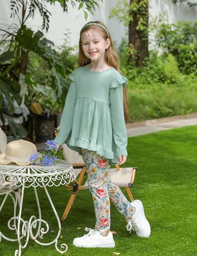 Image of Yekaty Girls Clothes Ruffle Shoulder High Low Hem Long Sleeve Top and Floral Pants 2 Piece Fall Outfits Clothing Set