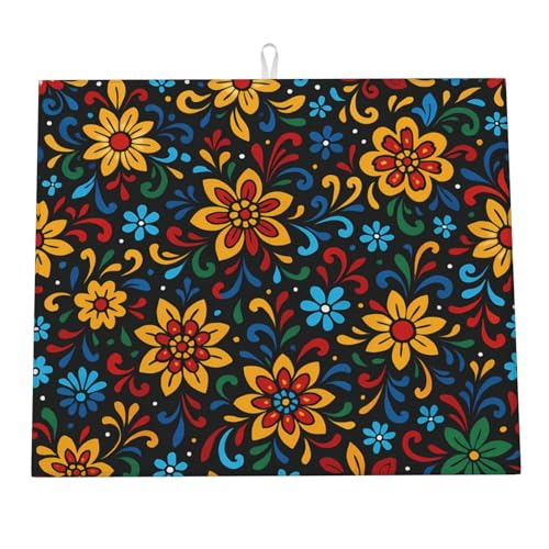 Tappetino Scolatutto Mexican Tile Flower Leaves Tappetini Bancone Cucina Asciugatura Rapida Tappetino Scolastoviglie Per Cucine Bicchieri Lavandini 46X61Cm