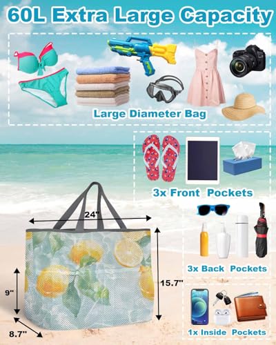 Mesh Beach Bag Oversized Tote Bags for Women Summer Lemon Leaves Blue Lake Large Bags for Travel Pool Grocery3