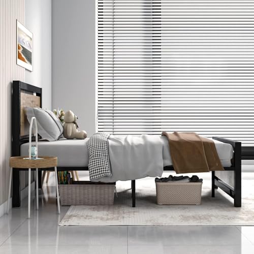 Image of Catrimown Twin Bed Frame with Headboard, Metal Platform Twin Bed Frames with Steel Slat Support, 10.5 in Storage Clearance, No Box Spring Needed, Easy Assembly, Black Brown
