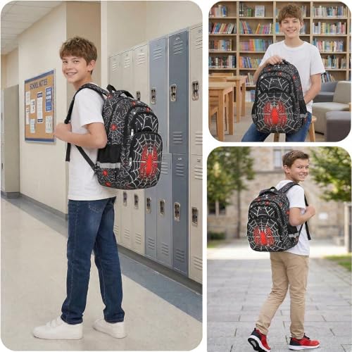 Image of Cusangel kids Backpack with lunch box for School Boys Girls 8-12ages,16in Bookbag Stitch,durable Water Resistant,7 Pockets, Adjustable Chest Strap,Large For Travel,Gifts (Red Spider Set-17in)