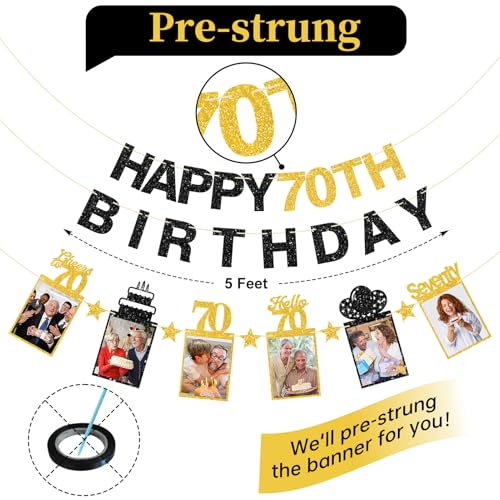 Image of Guiruiy Black Gold 70th Birthday Decorations for Men Women, Pre-strung Glitter Happy 70th Birthday Hanging Photo Banner Party Supplies, Cheers to 70 Years Old Bday Banners