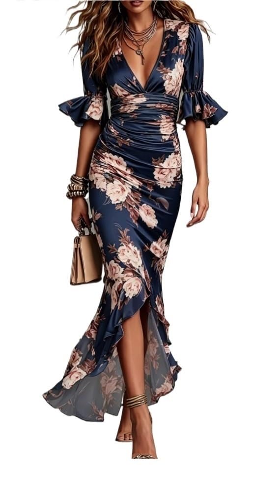 Abito Lungo Maxi Donna Floreale Raso e Chiffon, V con Volanti Vita arricciata per ospite Matrimonio Cocktail e Serata