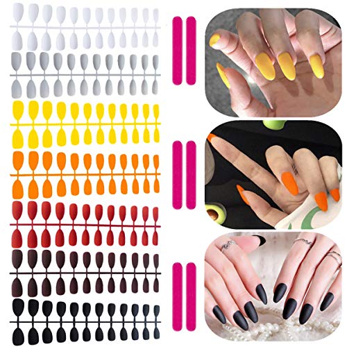 editTime 7sets/168pcs Solid Colors Matte Acrylic Stiletto False Nails Full Cover Almond Fake Nails Tips Natural Medium Claw Nails Tips with a 6pcs Nail Files (Stiletto False Nails, Hit Color Series)