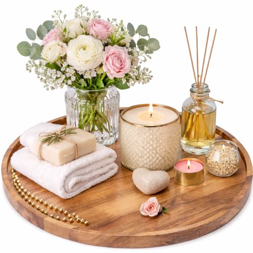 UHUD CRAFTS Premium Wooden Round Serving Tray/Platter | Decorative Tray for Home Decor, Dining Table & Kitchen Decor | Circular Solid Wood Tray for Serving Tea, Coffee or Breakfast