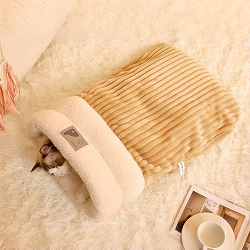 Cat Winter Sleeping Bag,Movable Warm Cat Sleeping beds for Indoor Cats and Small Pets,Washable 360°Soft Plush Large Cat Sack Self Warm Cat Bed Cave,Brown(Suitable for Pets Under 8kg)