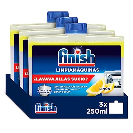 Finish Limpiamáquinas, Limpieza higiénica para el lavavajillas contra el mal olor, la cal y la grasa, Multicolor, 250 ml x 3 Limón