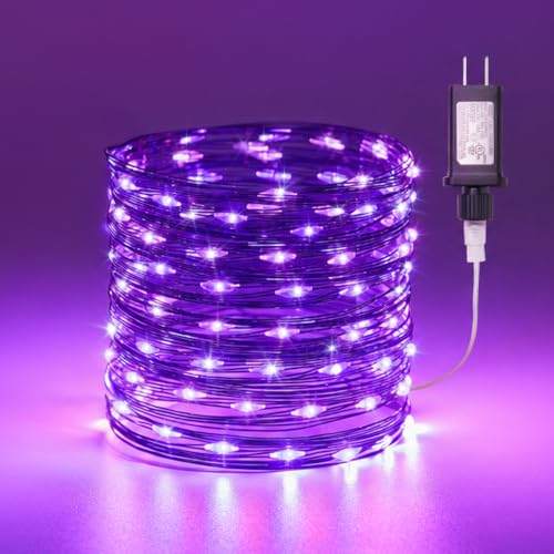 Image of Halloween Fairy Lights Plug in, 33Ft 100LEDs Purple Fairy Lights, Waterproof Flexible Black Wire String Lights for Bedroom Home Party Ghost Haunted House Indoor Outdoor Halloween Decorations, Purple