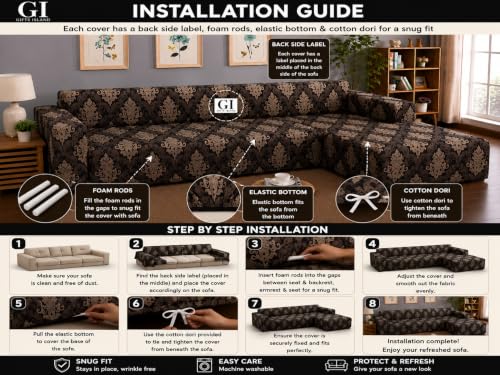 Image of Gifts Island Premium 160GSM Super Soft Brown Damask Stretchable Sofa Cover L Shape 6 Seater Fully Covered | Suitable for Both Left and Right Side Chaise Sofa (Brown Damask, 3+3 Seater)