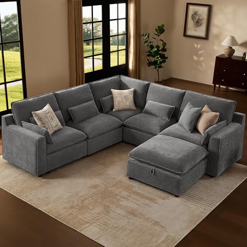 Image of Modern Modular Sectional Sofa,105 inch V Shape Sectional Cloud Couch with Storage Ottoman,Comfty 6 Seat Sofa for Living Room,Grey Chenille