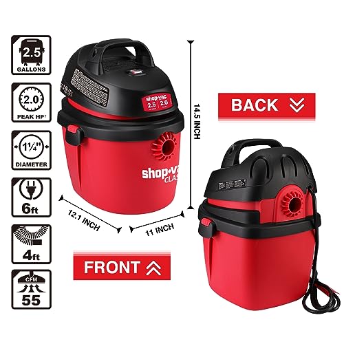 Shop-Vac 2.5 Gallon 2.0 Peak HP Wet/Dry Vacuum, Portable Compact Shop Vacuum with Top Handle, Wall Bracket & Attachments - Image 5