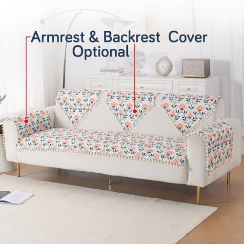 Image of HOKIPO Folk Garden Quilted Sofa Cover 5 Seater Set with Tassels - Washable 3+2 Sofa Cover Mat |'Tassel Twigs' Series (IN-985-T9 + IN-983-T9)