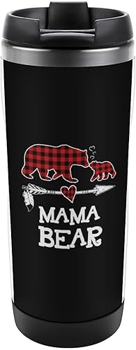 Taza de café con tapa con diseño de mamá oso de búfalo rojo a cuadros