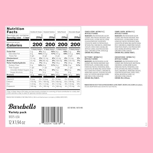 Barebells Protein Bars Variety Pack - 12 Count, 1.9oz Bars - Protein Snacks with 20g of High Protein - Chocolate Protein Bar with 1g of Total Sugars - Perfect on The Go Protein Snack & Breakfast Bars - 1