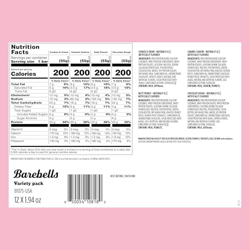 barebells protein bars variety pack - 12 count 19oz bars - protein snacks with 20g of high protein - chocolate protein bar with 1g of total sugars - perfect on the go protein snack amp breakfast bars