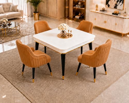 Image of WOODEN SPACE 4 Seater Wooden Dining Table Set | Urban Marble Top Dining Table with Chairs for Dining Room & Kitchen (Modern Zyro Mustard) (42 x 42 x 30 inch)
