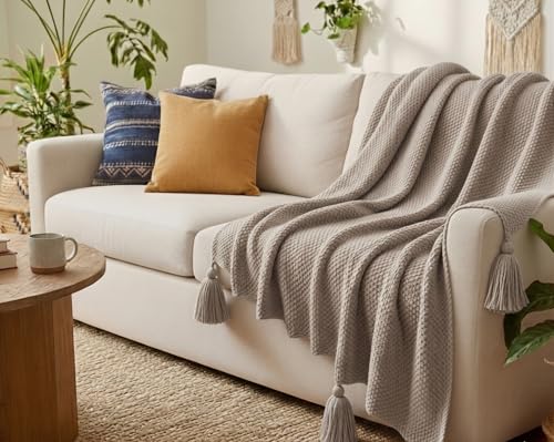 Image of Furnistitchs Plain Solid Knitted Sofa Throw Blanket 50x60 inches / 125x150 cms| Cotton Plain Knit with Tassels | Aesthetic Bohemian Decorative Couch Throws for Living Room & Bedroom (Beige)