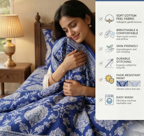 Image of BSB HOME Premium Cotton Double Bedsheet with 2 Pillow Covers, 240 TC Soft Breathable, Skin Friendly & Hypoallergenic, Jaipuri Printed (90 x 100 Inches) (Sanganeri Print - Blue)