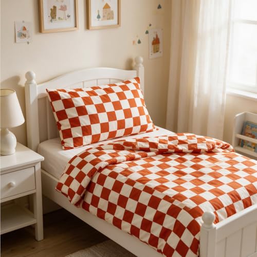 Image of CLOTHKNOW 4Pieces Orange Beige Plaid Toddler Bedding Sets for Boys Girls | Kids Comforter Set, Soft, All Season, Lightweight