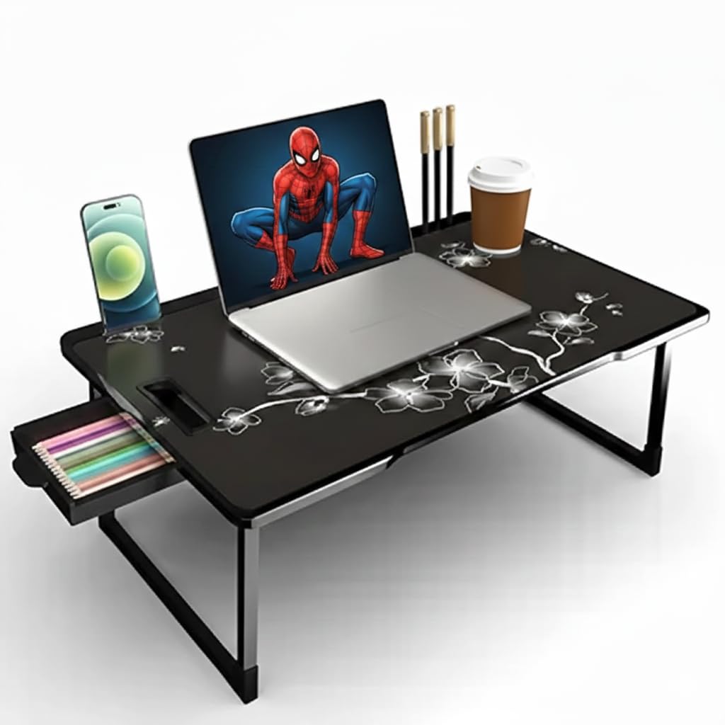 Kids & Adults Wood Multipurpose Foldable Laptop Table with Cup Holder | Table Home Study Writing Table, Foldable and Portable/Ergonomic Edges (UM KOT Flower)