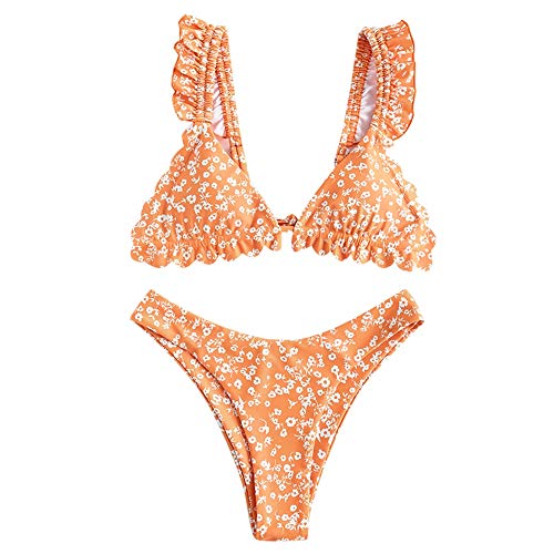 ZAFUL - Bikini de dos piezas para mujer, dise�o de flores y volantes naranja M