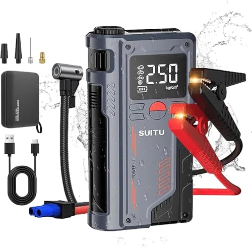 Booster batería de coche potente 1000 A, arrancador de coche con inflador 150 PSI, salto de arranque portátil Booster de batería (hasta 4,0 l gasolina o 3,0 l gasóleo) con lámpara LED