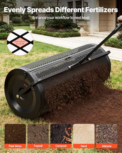 Image of VEVOR Compost Spreader, 44 inch Wide Peat Moss Spreader with Push /Tow Handle, 4 Heights Adjustable, Powder-Coated Steel Garden Peat Moss Roller, Heavy Duty Grass Seed R