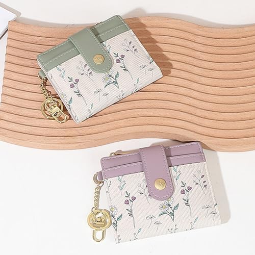 Image of Farcauo Small Floral Womens Wallet with keychain Cute Wallets for Women Thin Purple Women's Wallet Kawaii Floral and Bow Card Purse for Ladies