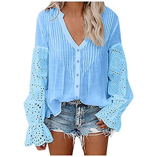 Shirts for Women Button Down Long Flared Sleeves Tops Casual Loose Solid Color V Neck Tunic Blouses