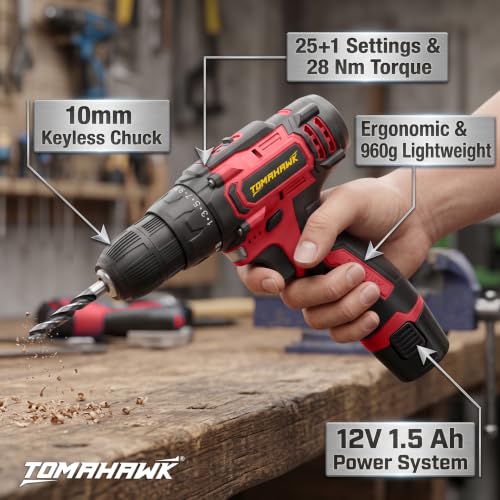 Tomahawk® Cordless Screwdriver & Drill Machine | 12V Light Duty | 10mm (⅜”) Keyless | For Wood, Plastic & Light Steel | Not For Walls | Screw Driver Kit Electric | Precision Screwdriver Set | TCD-12B - Image 3
