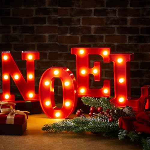 VIHOSE 4 Pcs Christmas LED Letter Lights Noel, Battery Powered Sign