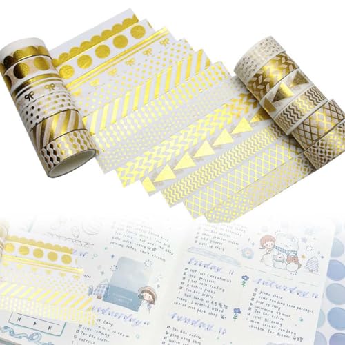 CEJAS 12 Rollos de Cinta adhesiva decorativa de Papel Washi, glitter Metalizado Cobre Color, Washi Tapes Set para Manualidades, Scrapbooking, Envolver Regalos(15mm * 2M / Rollo)