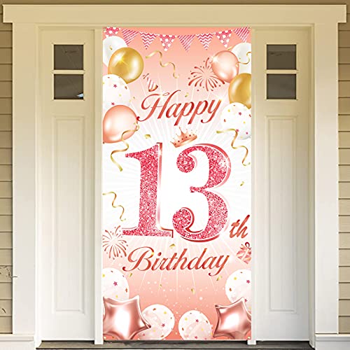 DPKOW Rose Gold 13th Birthday Party Decoration for Girl, Rose Gold 13th Birthday Banner for Backdrop Door Decoration,13th Birthday Background Banner for Garden Table Wall Decoration, 185 x 90cm Fabric
