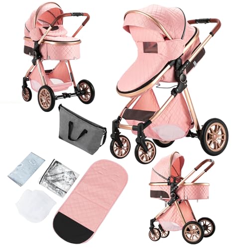 Image of 2 in 1 Baby Stroller with Bassinet, Convertible Pram, Reversible Standard Baby Stroller, Portable Baby Buggy, Infant Carriage, Foldable High Landscape Pushchair for Toddler Newborn (2USV9-PINK)